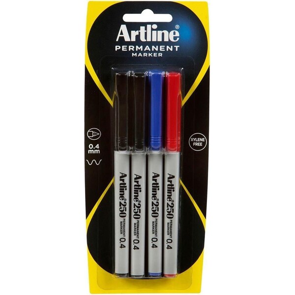 Artline 250 Permanent Marker 0.4mm Assorted Colours Pack 4