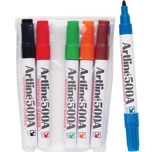 Artline 500A Whiteboard Markers 2mm Bullet Assorted Colours Wallet 6