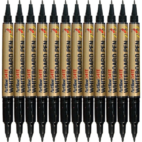 Artline 541T Dual Nib Fine Whiteboard Markers 0.4mm/1mm Bullet Tip Black Box 12