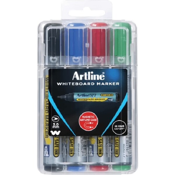 Artline 577 Whiteboard Marker 2mm Assorted Colours Wallet 4 Hard Case