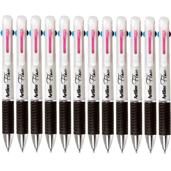 Artline Flow Retractable Ballpoint Pen 4 Colour Brights White Pearl Box 12