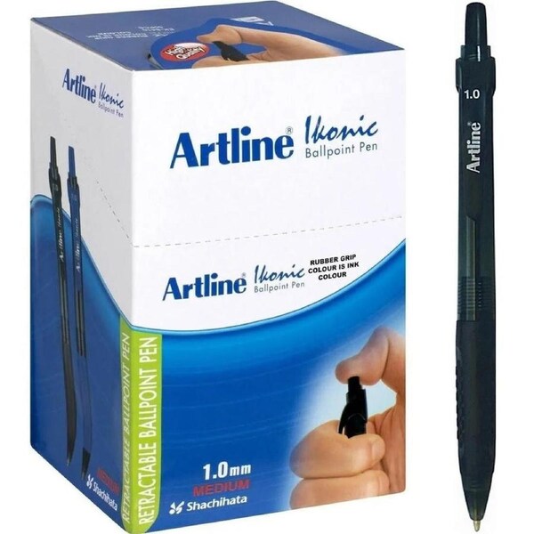 Artline Ikonic 8410 Grip Retractable Ballpoint Pen Medium Black Pack 50