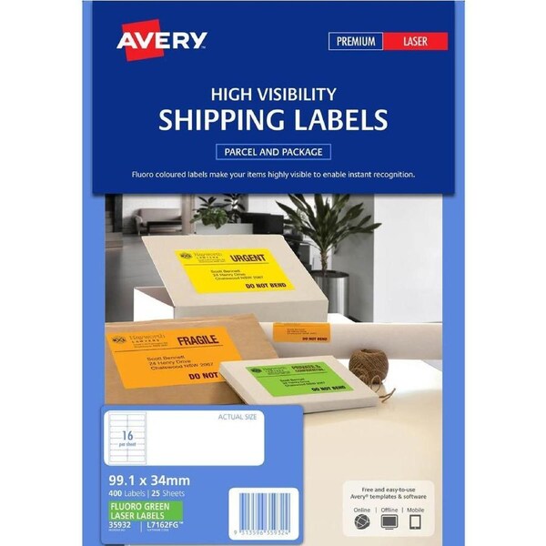 Avery 35932 L7162Fg Laser Labels 16Up Fluorescent Green Pack 25