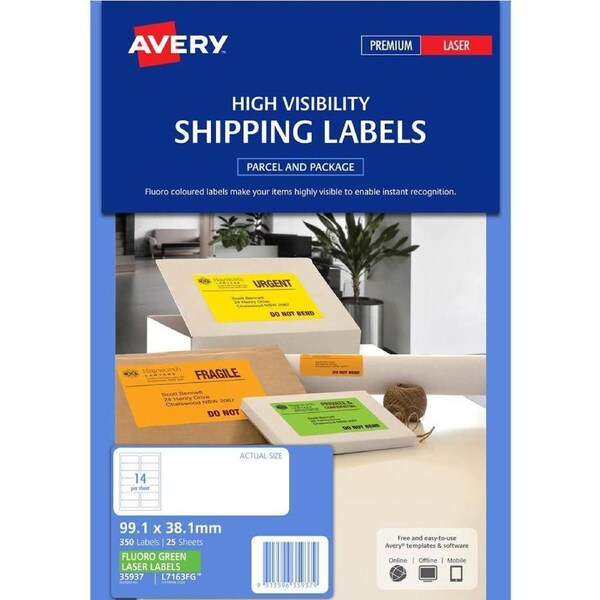 Avery 35937 L7163Fg High Visibility Shipping Label Laser 14Up Fluoro Green Pack 25