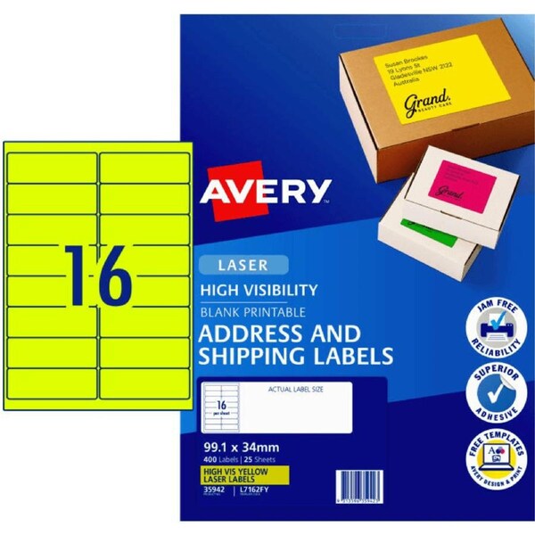 Avery 35942 L7162Fy Laser Label 16Up Fluorescent Yellow Pack 25