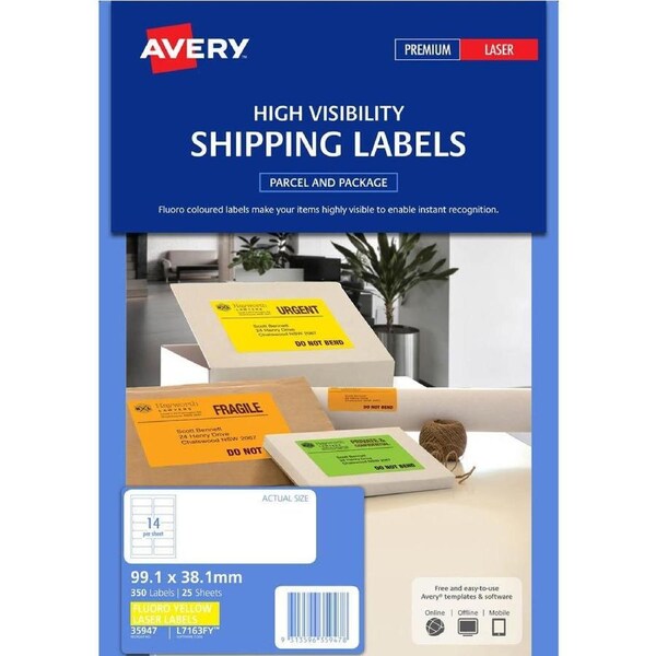 Avery 35947 L7163FY High Visibility Shipping Label Laser 14UP Fluoro Yellow Pack 25
