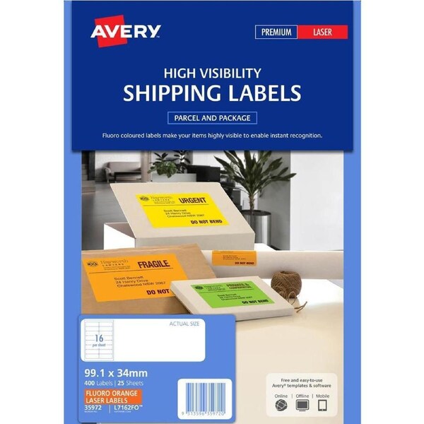 Avery 35972 L7162Fo Laser Labels 16Up Fluorescent Orange Pack 25