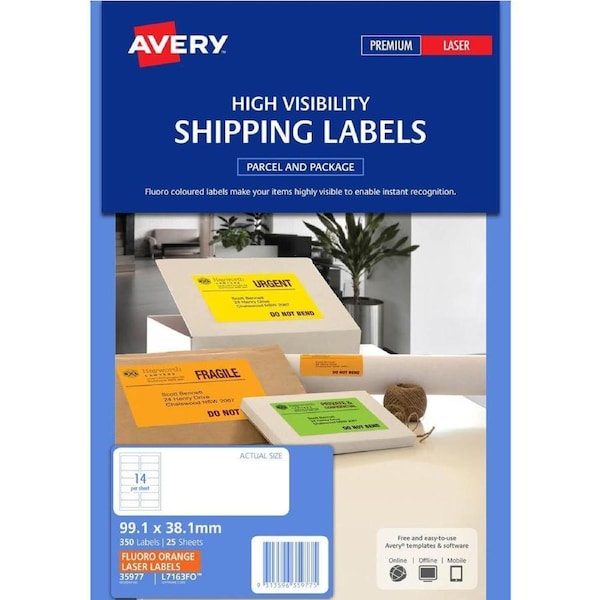 Avery 35977 L7163Fo High Visibility Shipping Label Laser 14Up Fluoro Orange Pack 25