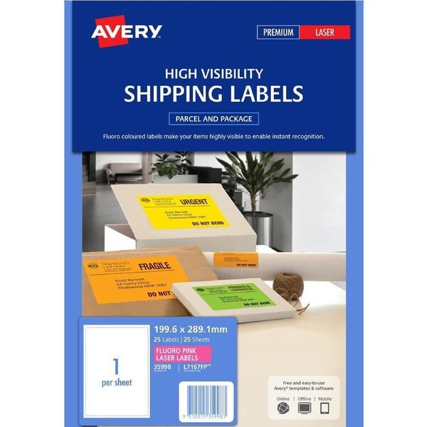 Avery 35998 L7167Fp Laser Labels 1Up Fluorescent Pink Pack 25