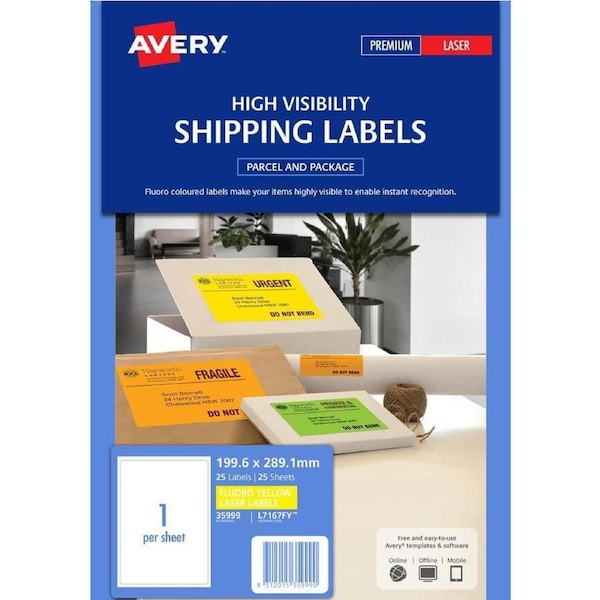 Avery 35999 L7167Fy Laser Shipping Label 1Up Fluorescent Yellow Pack 25