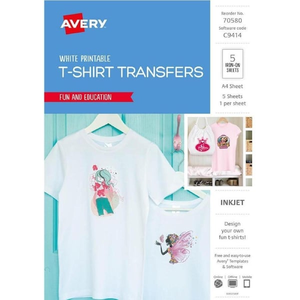 Avery 70580 C9414 Inspired T-Shirt Transfer A4 White Pack 5