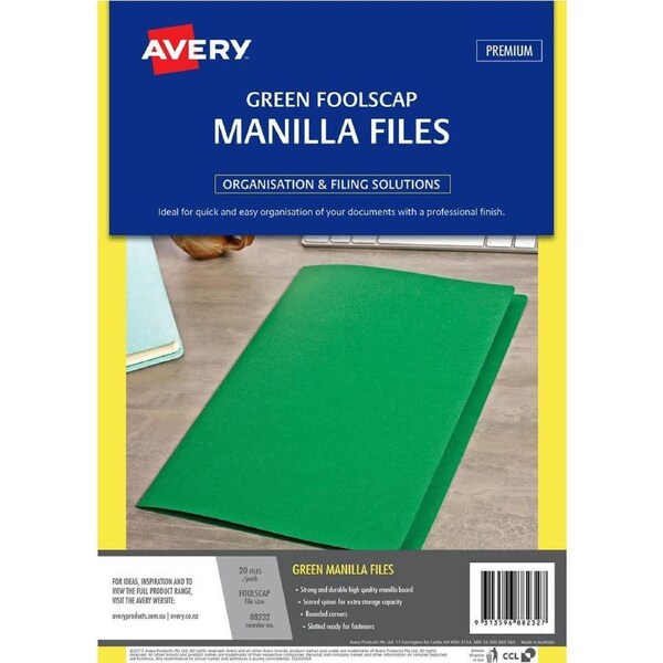 Avery 88232 Manilla Folder Foolscap Green Pack 20