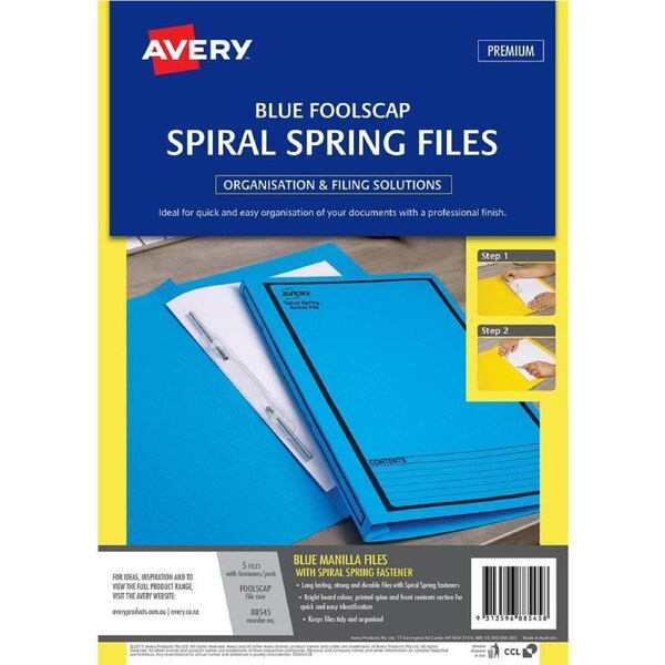 Avery 88545 Spiral Spring Action File Foolscap Blue Pack 5
