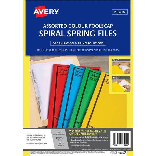 Avery 88550 Spiral Spring Action File Foolscap Assorted Colours Pack 5