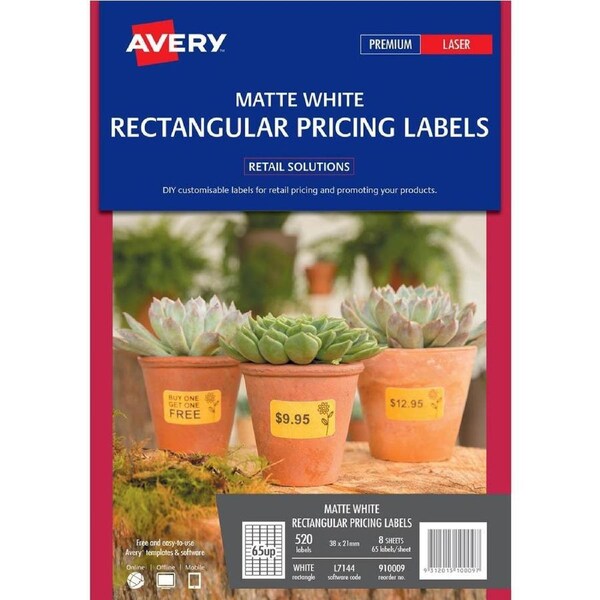 Avery 910009 L7144 Rectangular Pricing Labels Laser 18Up Matte White Pack 520