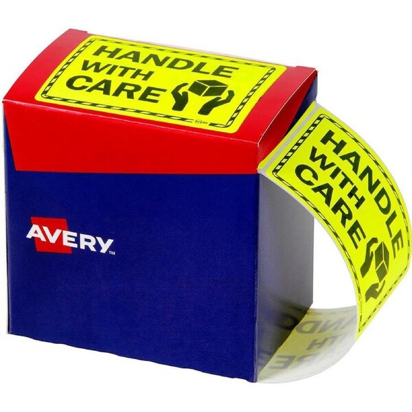 Avery 932615 Message Label Handle With Care 75×99.6mm Fluoro Yellow Pack 750