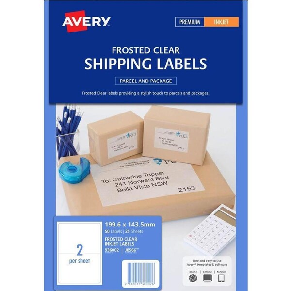 Avery 936002 J8566 Shipping Label Frosted Inkjet 2up Clear Pack 25