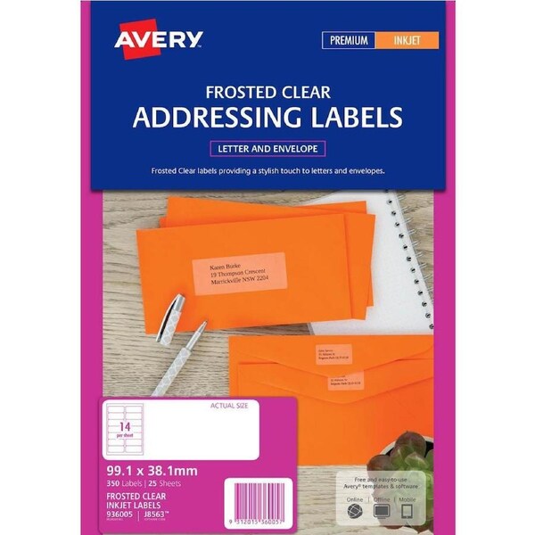 Avery 936005 J8563 Inkjet Label 99.1×38.1mm 14up Clear With Matt Finish Pack 25