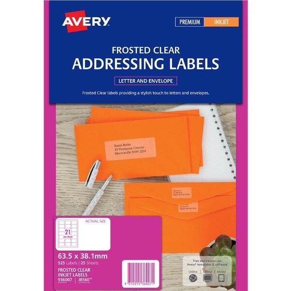 Avery 936007 J8560 Inkjet Label 21up Clear With Matt Finsh Pack 25