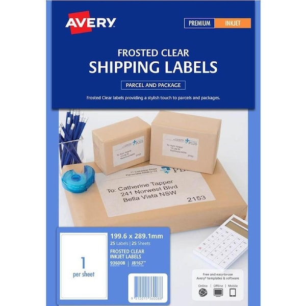 Avery 936008 J8167 Shipping Label Frosted Inkjet 1up Clear Pack 25