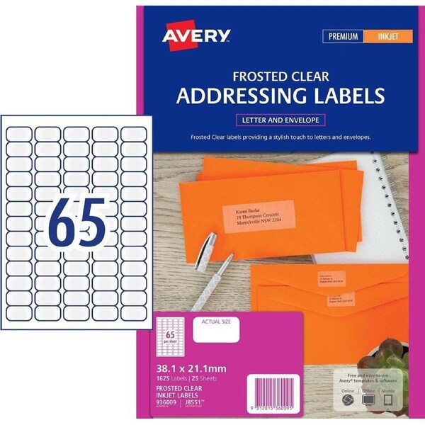 Avery 936009 J8551 Address Label Frosted Clear Inkjet 65Up Clear Pack 25