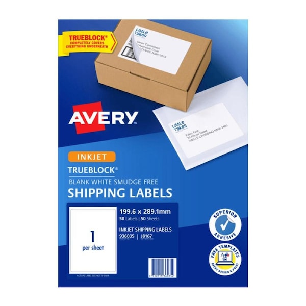 Avery 936035 J8167 Trueblock Shipping LabelS Inkjet 1/Page A4 White Pack 50 Sheets