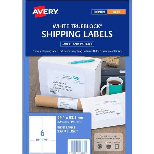 Avery 936038 J8166 Trueblock Shipping Labels Inkjet 6Up White Pack 50