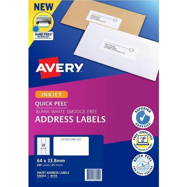 Avery 936054 J8159 Quick Peel Address Label With Sure Feed Inkjet 24Up White Pack 25