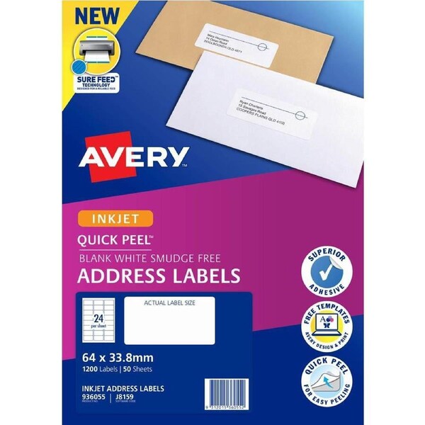 Avery 936055 J8159 Quick Peel Address Label With Sure Feed Inkjet 24Up White Pack 50