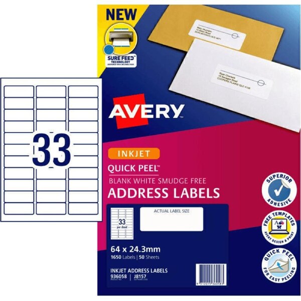 Avery 936058 J8157 Quick Peel Address Label Inkjet 33/Page White Pack 50 Sheets