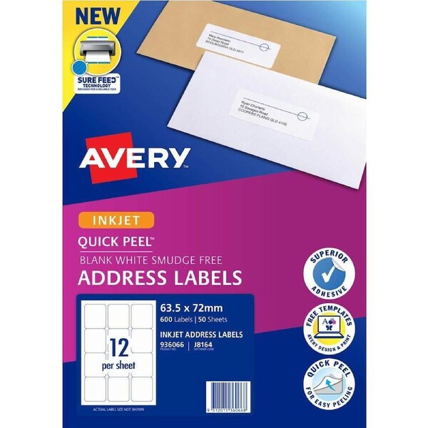Avery 936066 J8164 Quick Peel Address Label With Sure Feed Inkjet 12up White Pack 50