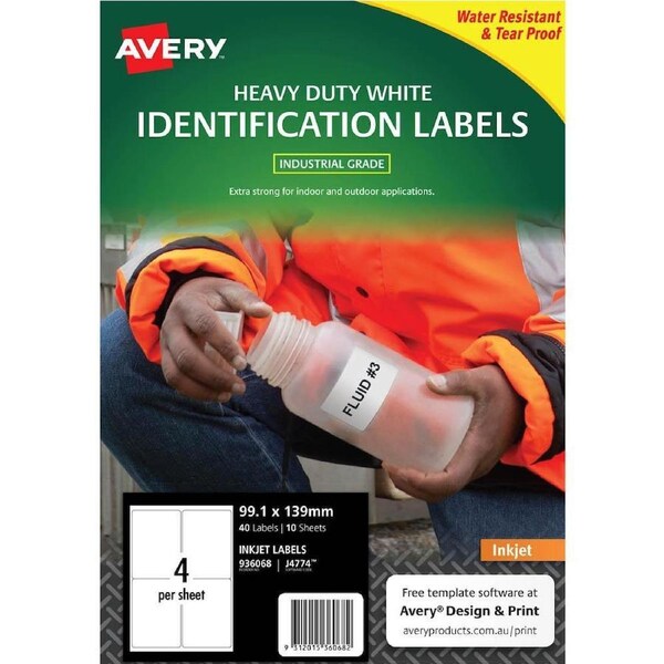 Avery 936068 J4774 Heavy Duty Inkjet Labels 4up White Pack 10