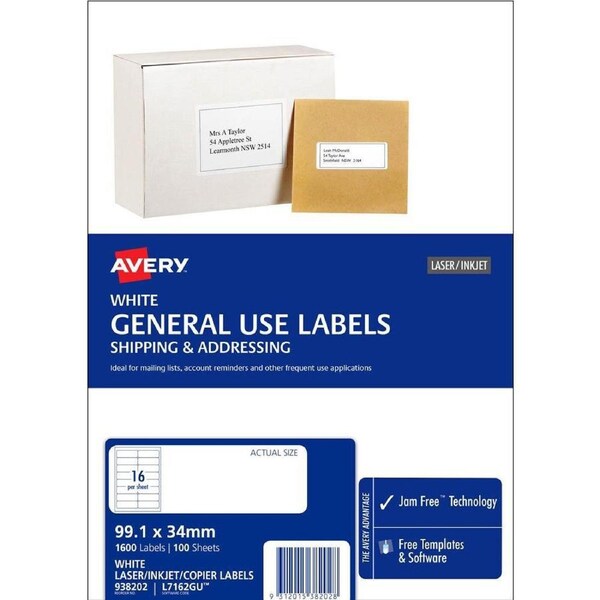 Avery 938202 L7162 General Use Laser Inkjet Copier Label 16up White Pack 100