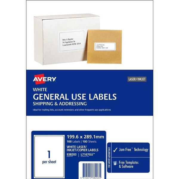 Avery 938203 L7167 General Use Laser Inkjet Copier Label 1up White Pack 100