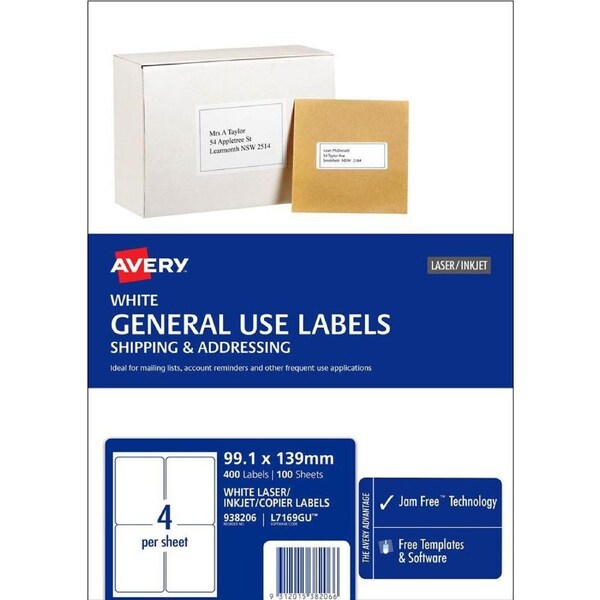 Avery 938206 L7169 General Use Laser Inkjet Copier Label 4up White Pack 100