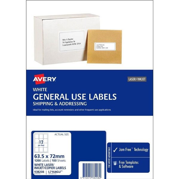 Avery 938208 L7164 General Use Laser Inkjet Copier Label 12up White Pack 100