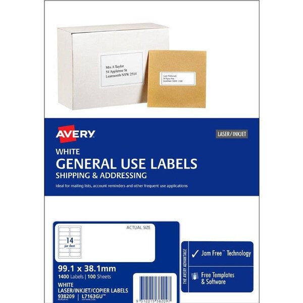 Avery 938209 L7163 General Use Laser Inkjet Copier Label 14up White Pack 100