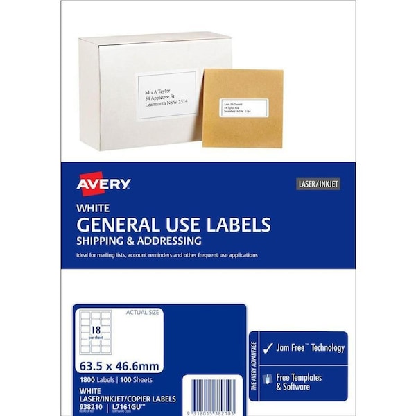 Avery 938210 L7161 General Use Laser Inkjet Copier Label 18up White Pack 100