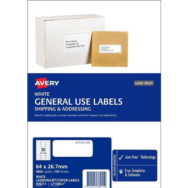Avery 938211 L7158 General Use Laser Inkjet Copier Label 30/Page White Pack 100