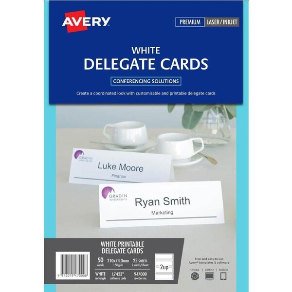 Avery 947000 L7423 Delegate Cards Laser Embossed 2up 210×74.25mm 150GSM Pack 25