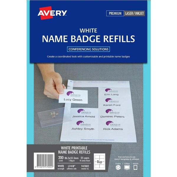 Avery 947002 L7418K Name Badge Card Refills Inkjet/Laser White 150GSM 8UP 86.5x55.5mm Pack 200