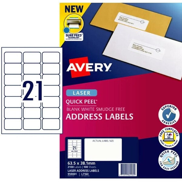Avery 959001 L7160 Quick Peel Address Label With Sure Feed Laser 21up White Pack 100