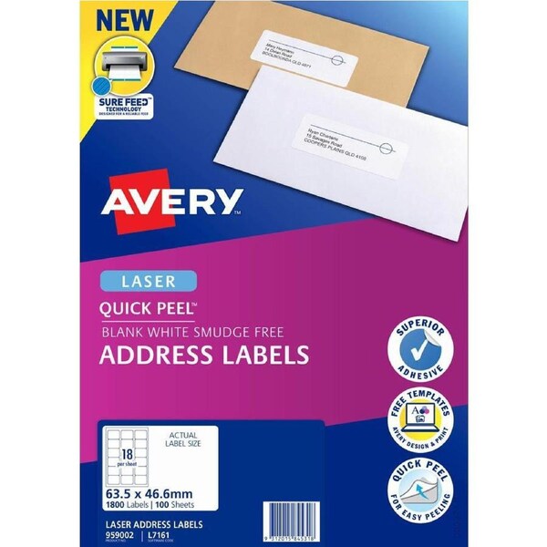 Avery 959002 L7161 Quick Peel Address Label With Sure Feed Laser 18Up White Pack 100