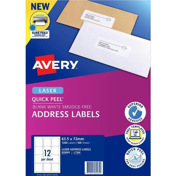 Avery 959005 L7164 Quick Peel Address Label With Sure Feed Laser 12up White Pack 100