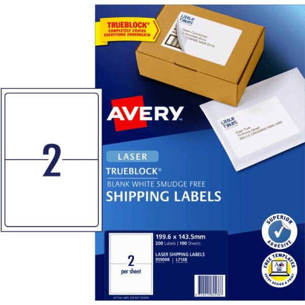 Avery 959008 L7168 Trueblock Shipping Label Laser 2Up White Pack 100