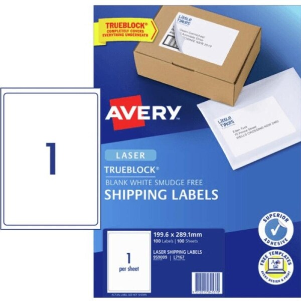 Avery 959009 L7167 Trueblock Shipping Labels Laser 1/Page White Pack 100 Sheets