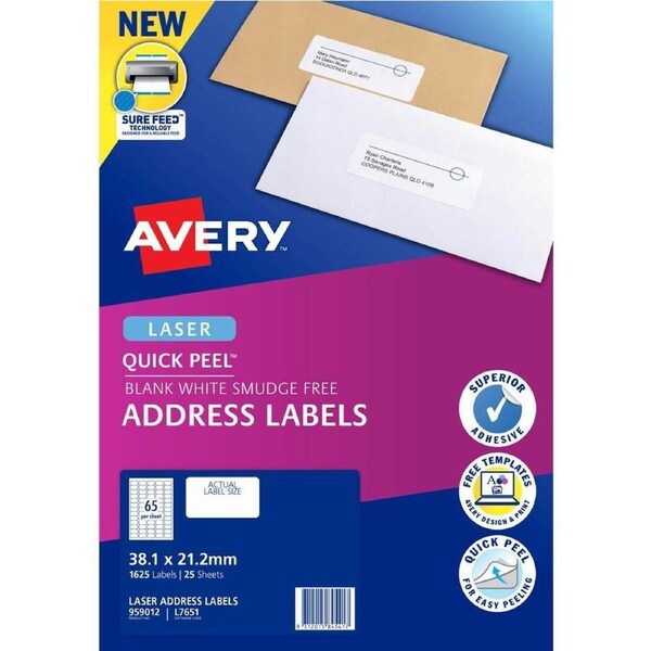 Avery 959012 L7651 Quick Peel Address Label With Sure Feed Laser 65Up White Pack 25