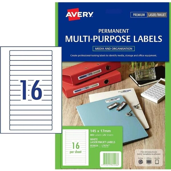 Avery 959024 L7674 16/Page Video Spine Label Laser White Pack 400