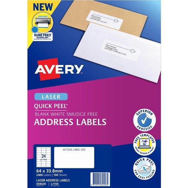 Avery 959029 L7159 Quick Peel Address Label With Sure Feed Laser 24up White Pack 100