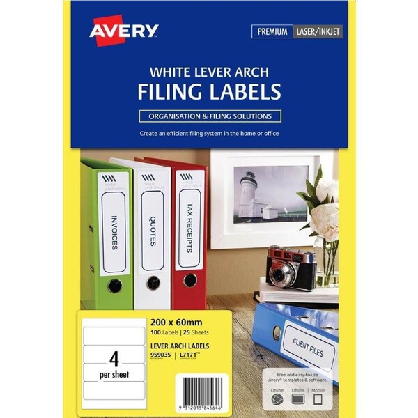 Avery 959035 L7171 Laser Labels Lever Arch 4Up White Pack 25